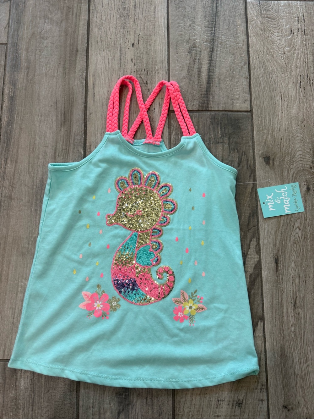Cynthia Rowley Aqua Tank with Neon Pink Braided Straps & Sequin Seahorse